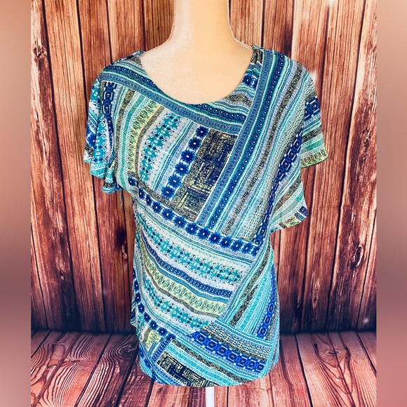 Women’s XL Blouse Bleeker McDougal Short Flutter Sleeves Chiffon Overlay Stretch - Picture 2 of 11